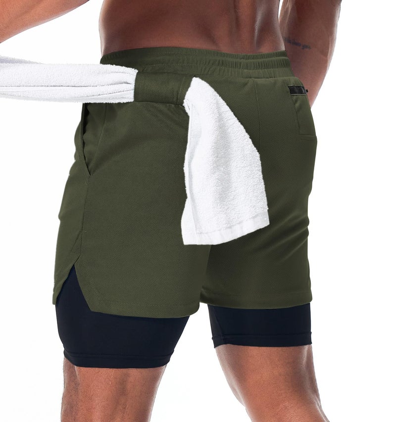 Surenow Men's Athletic Running Shorts Quick Dry Workout Shorts 2 in 1 Shorts 5" Gym Running Shorts for Men with Phone Pocket Green - Image 2